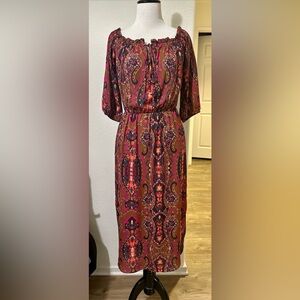 Everly Multicolor Off Shoulder Elastic Waist  Bohemian Mid length Dress Size S
